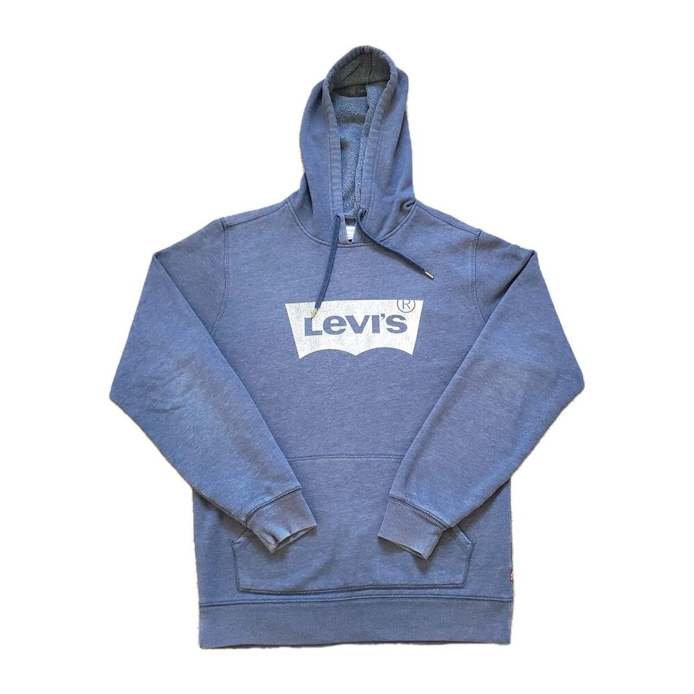 Levi's Classic Distressed Logo Size Small Mens Heatherd Blue Hoodie Pullover